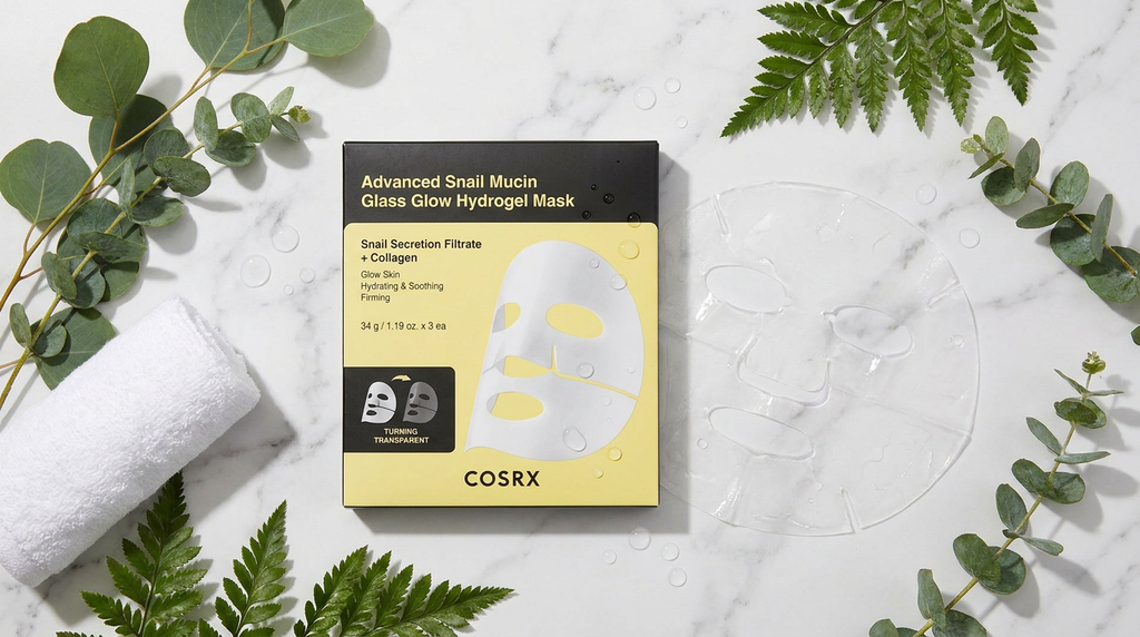 COSRX Snail Mucin Glass Glow Hydrogel Mask, horizontal flat lay photo