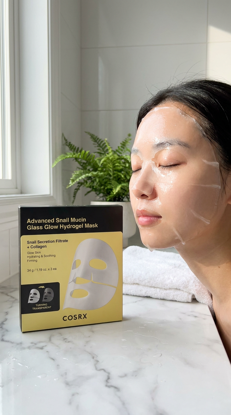 COSRX Snail Mucin Glass Glow Hydrogel Mask, vertical glass-skin lifestyle photo